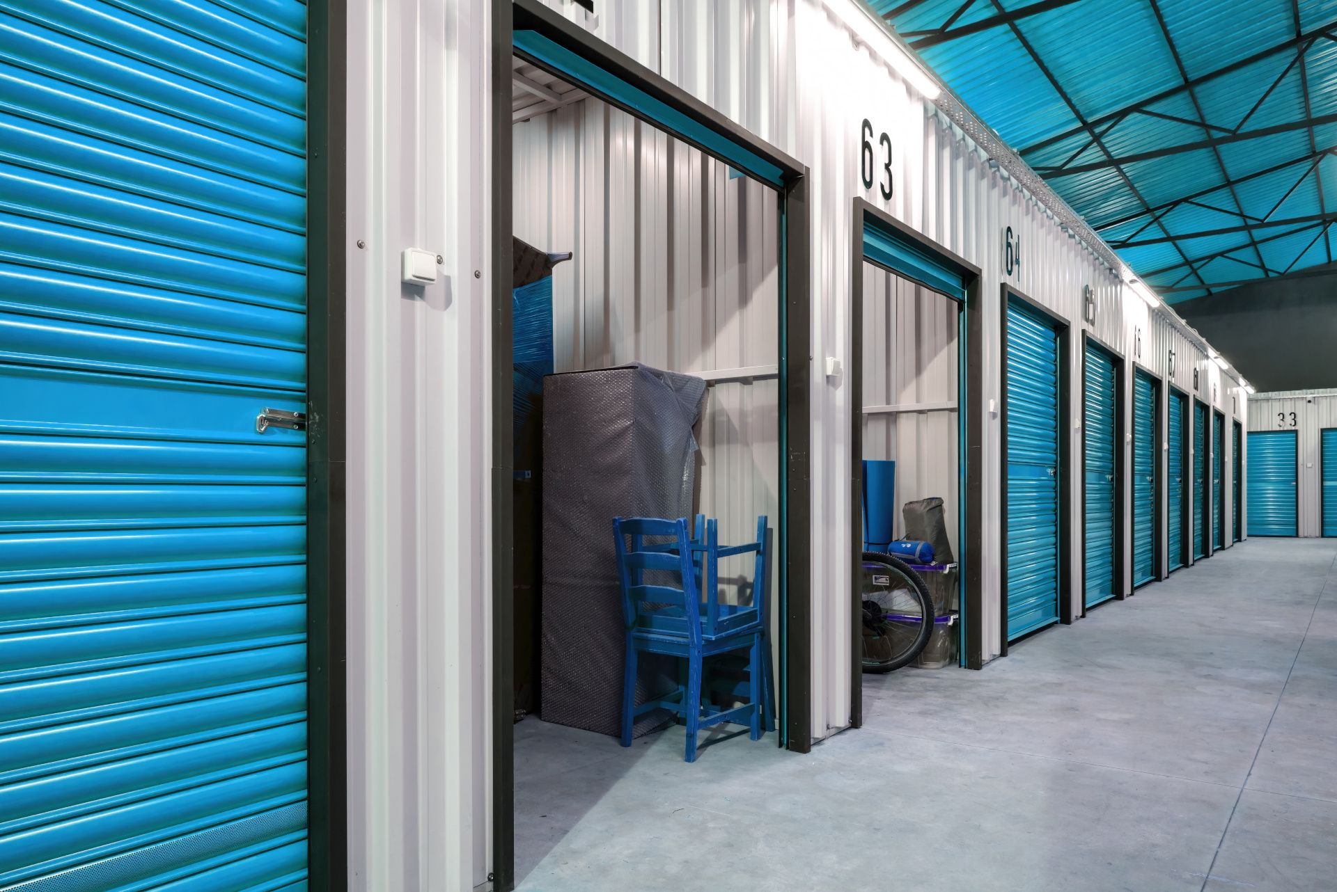 Self storage units filled with items